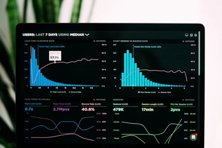 Notebook com painel de analytics em tema escuro exibindo gráficos de desempenho