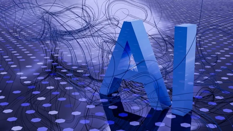 Letras tridimensionais AI sobre chão hexagonal iluminado em tons de azul e roxo