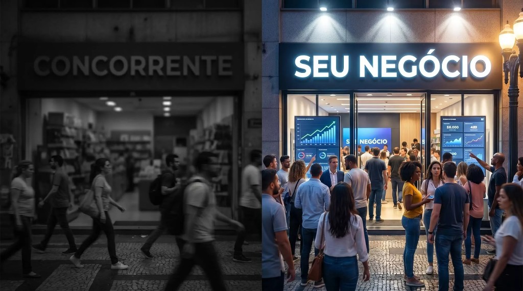Comparação: concorrente invisível à esquerda e seu negócio em destaque, visível e movimentado à direita