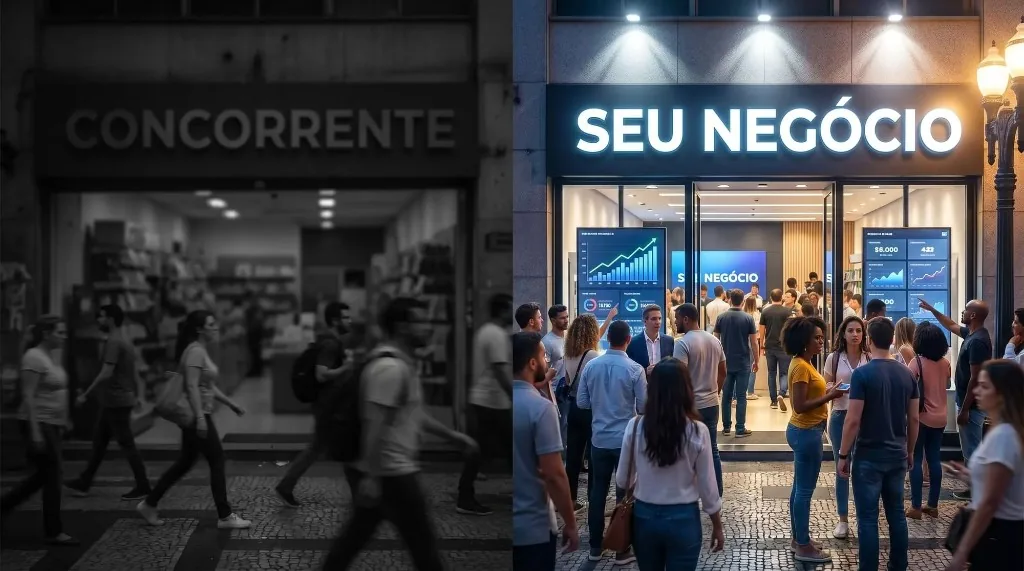 Comparação: loja apagada com placa Concorrente à esquerda e loja iluminada com placa Seu Negócio e clientes à direita