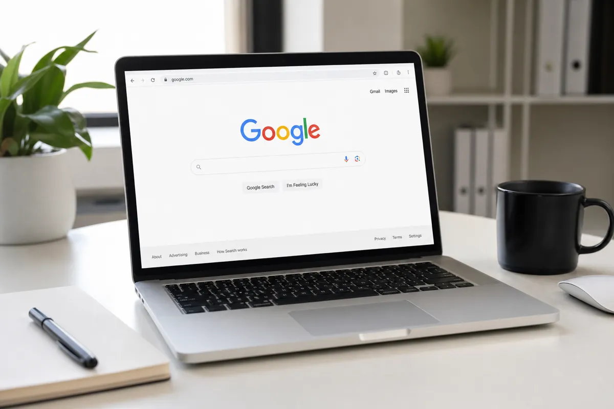 Notebook aberto com a página de resultados do Google na tela